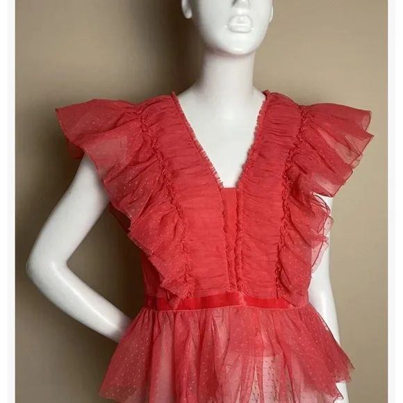 Anthropologie Geisha Designs Ruffled Ruched Tulle Blouse Pink 1X - Picture 4 of 6